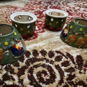 2 Set Vintage Christmas Tealight Candle Holder Set Santa Reindeer Old Country